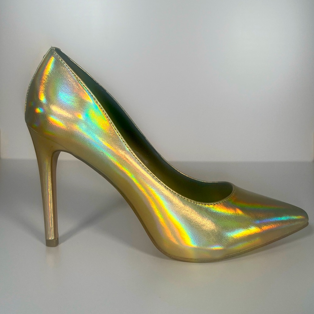 BCBG gold holographic pumps